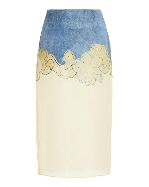 Brandon Maxwell Blue The Jolie Embroidered Corduroy-Organza Midi Skirt