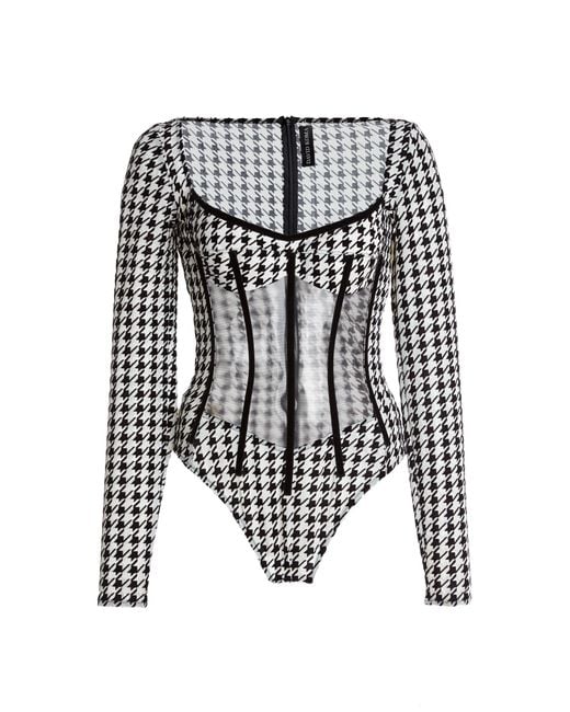David Koma Black Houndstooth Crepe Corset Bodysuit