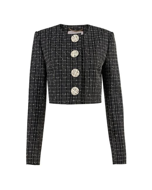 Carolina Herrera Black Cropped Slub Yarn Check Tailoring Jacket