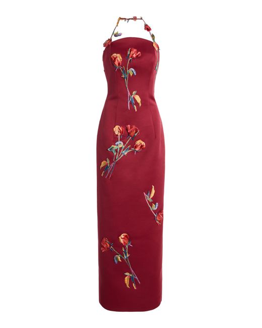 LEO LIN Red Exclusive Rayna Appliquéd Satin Maxi Dress