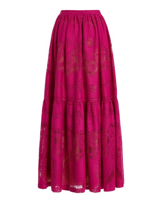 Zuhair Murad Red Cotton-blend Lace Midi Skirt