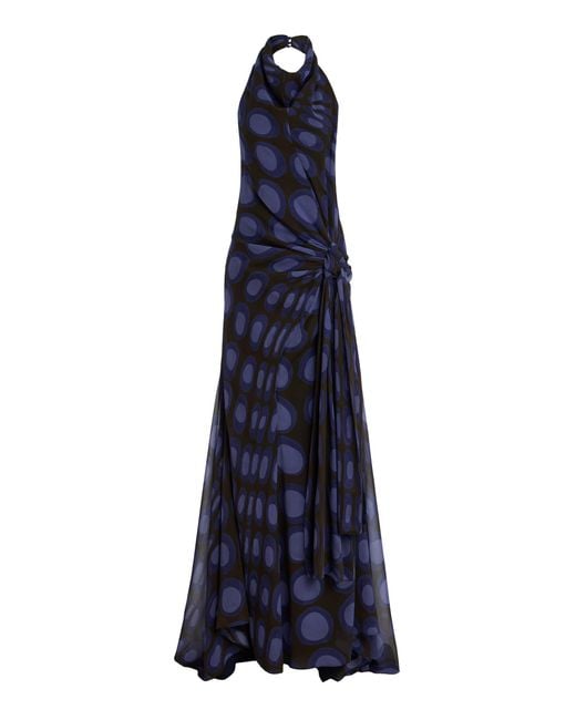 Christopher John Rogers Blue Wiggle-Dot Silk-Chiffon Sarong Maxi Halter Dress