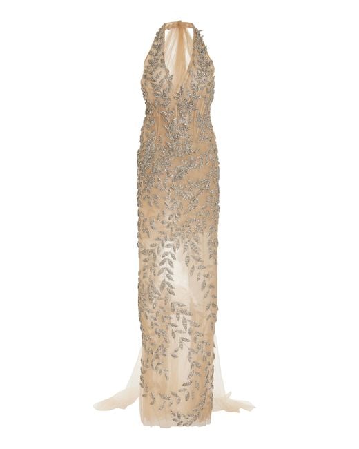 Oscar de la Renta Natural Crystal Leaf Embroidered Column Gown