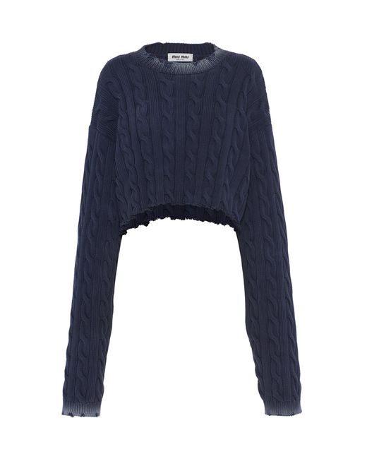 Miu Miu Blue Faded Cable-knit Cotton Cropped Sweater