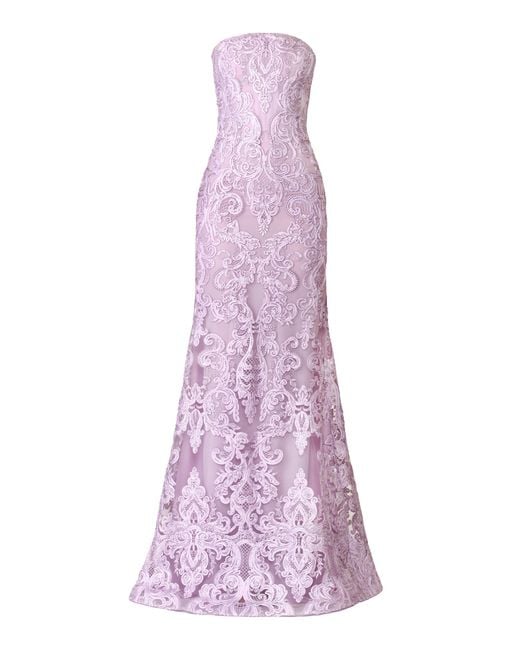 Naeem Khan Purple Ribbon Lace Bustier Strapless Fit-And-Flare Gown