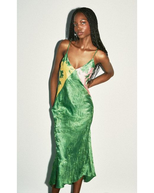 Rosie Assoulin Green Embroidered Satin Jacquard Midi Slip Dress