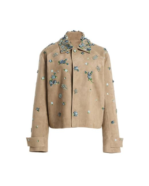 Oscar de la Renta Natural Embroidered Suede Jacket