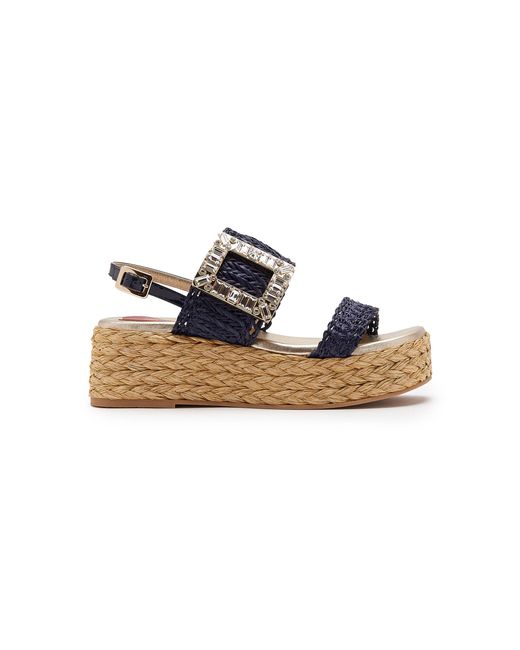Roger Vivier Blue Summer Strass-Embellished Buckle Raffia Platform Sandals