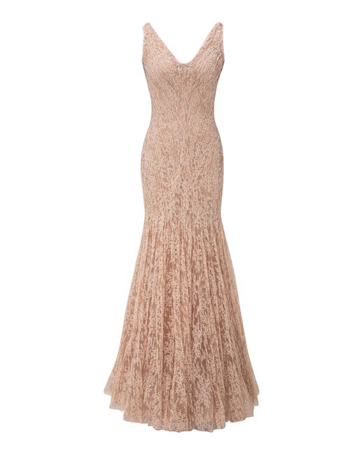 Marmar Halim Natural Pleated Lace Mermaid Maxi Dress