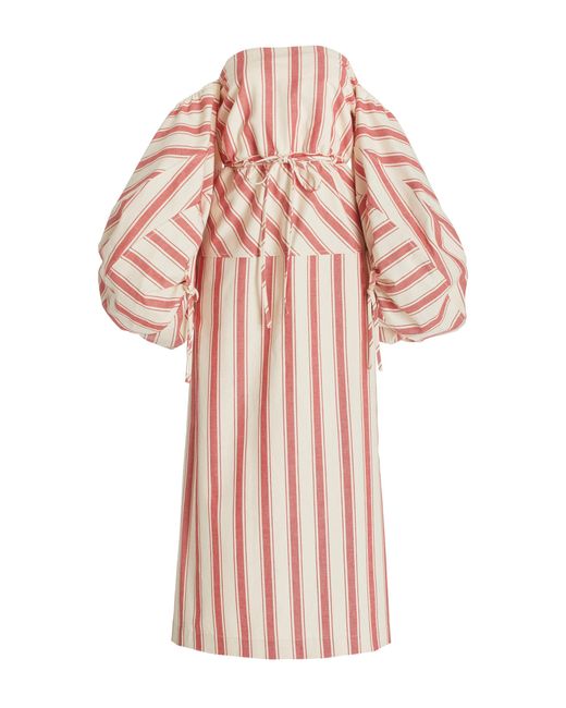 Rosie Assoulin Balloon-sleeve Striped Cotton Strapless Midi Dress | Lyst