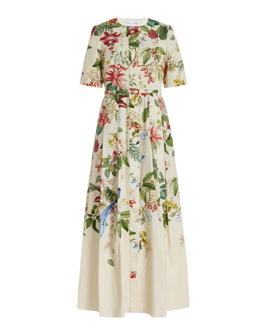 Oscar de la Renta White Exclusive Painted Poppies Cotton Poplin Maxi Dress