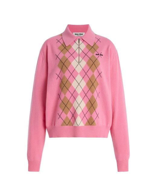 Miu Miu Pink Argyle Cashmere Polo Sweater