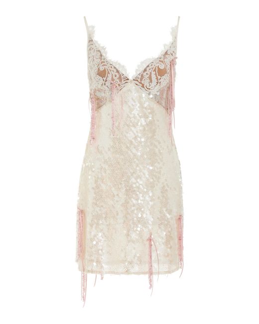 Wiederhoeft White Lace-Trimmed Sequined Mini Dress