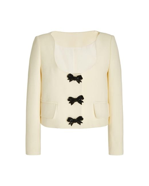 Oscar de la Renta White Crystal Bow-embroidered Wool-blend Jacket