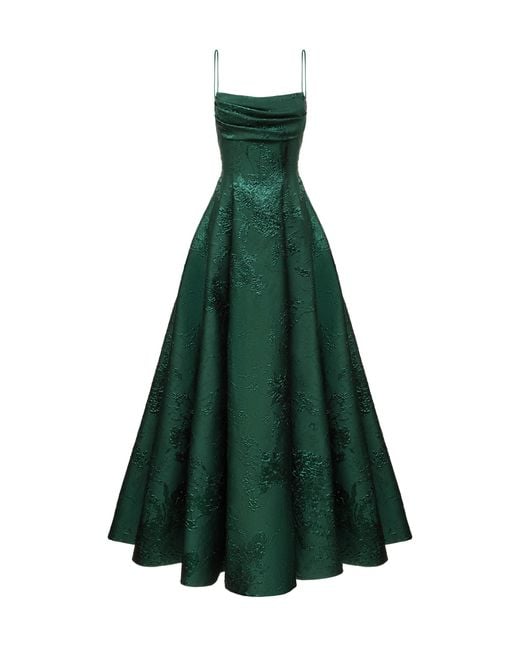 Rasario Green Open-back Draped Jacquard Gown With Voluminous Skirt