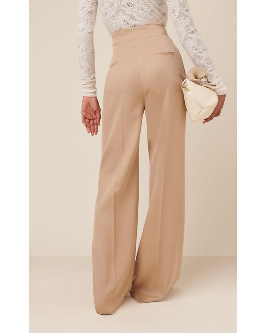 Chloé Natural Shirred High-rise Wool Gabardine Wide-leg Pants