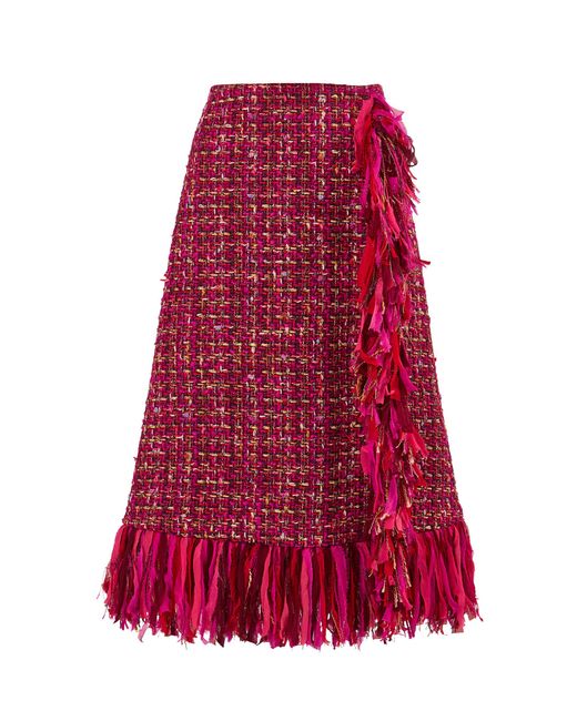 Carolina Herrera Red Fringed Multi Tweed A-Line Skirt