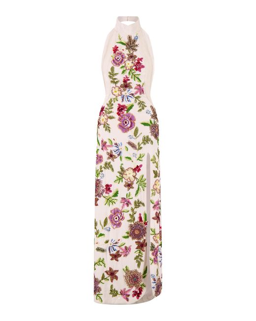 La Fuori White Luminous Flounce Halter Embroidered Silk Gown