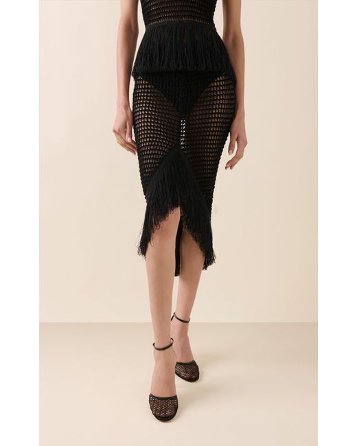Alaïa Black Fringed Crocheted Cotton-blend Midi Skirt
