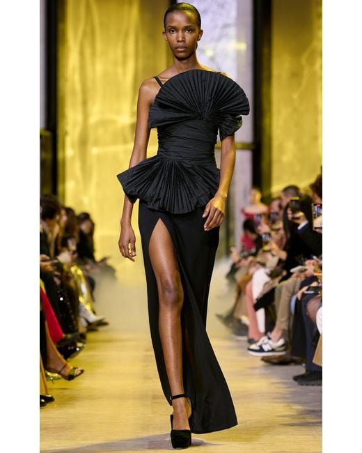 Elie Saab Black Crepe And Taffeta Column Gown With Pleated Applique Detail