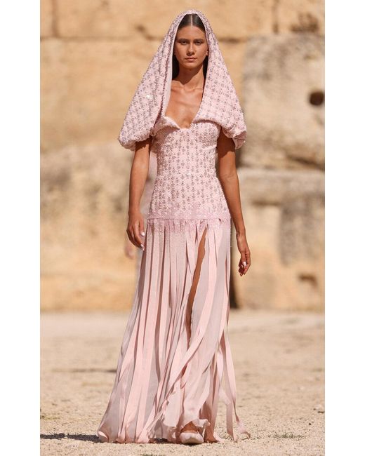 Georges Hobeika Natural Hooded Embellished Crepe Maxi Dress