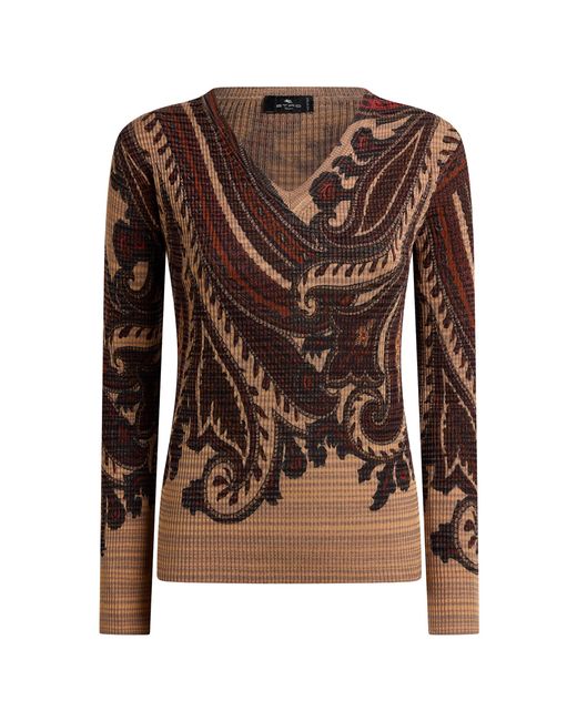 Etro Brown Patterned Knit Wool-Blend Top