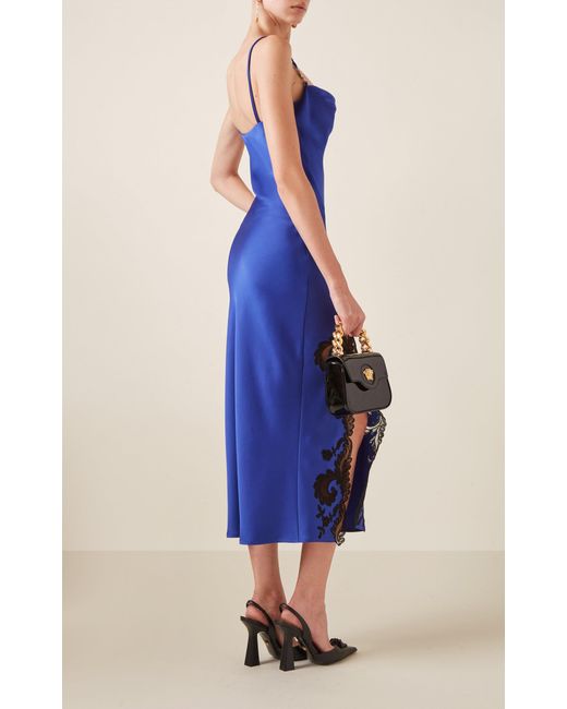 Versace Blue Lace-trimmed Satin Midi Dress