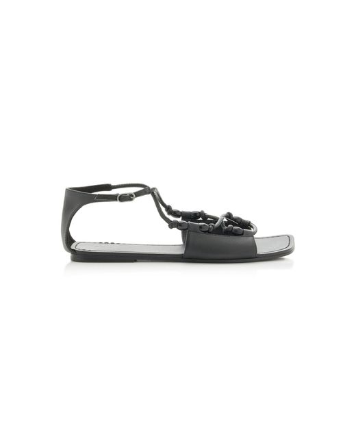 St. Agni Black Beaded Leather T-Strap Sandals