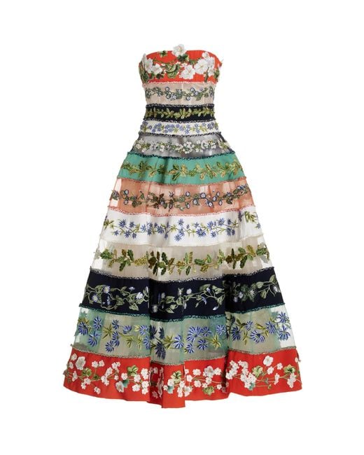 Oscar de la Renta White Botanical Striped Midi Dress