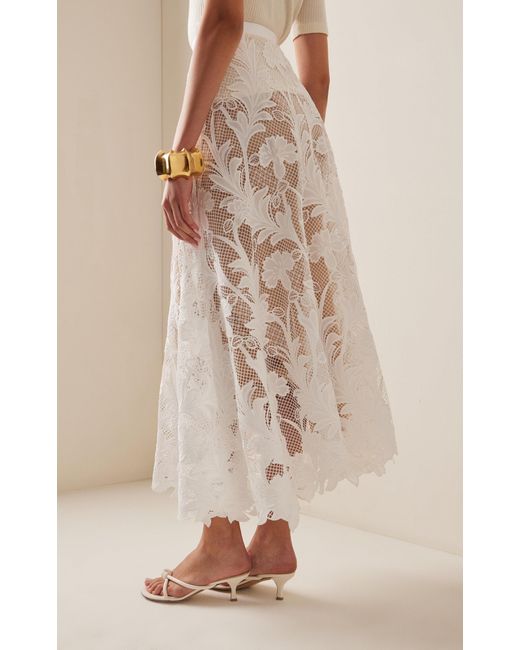 Oscar de la Renta White Embroidered Guipure Lace Midi Skirt