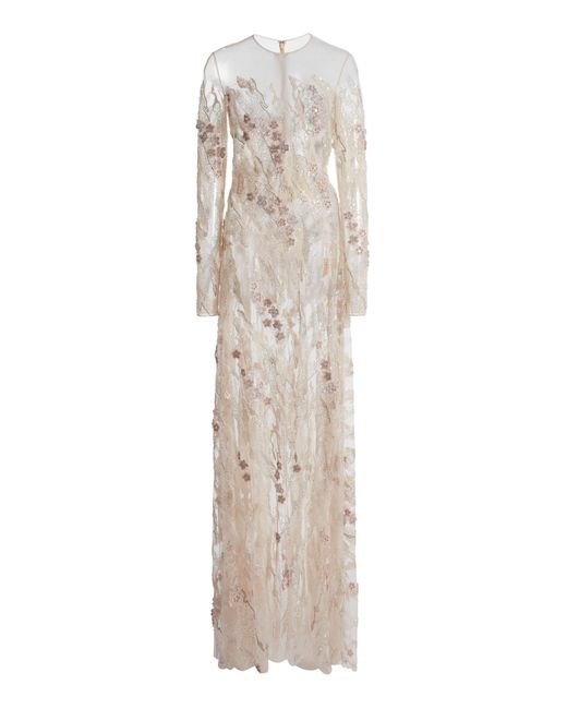 Zuhair Murad Natural Tulle Embroidered Long Sleeves Long Dress