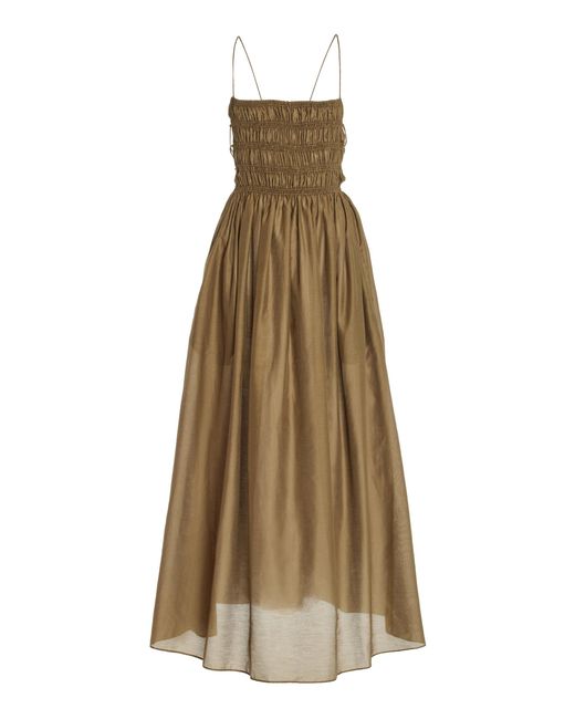 Matteau Natural Lace-up Shirred Cotton-silk Dress