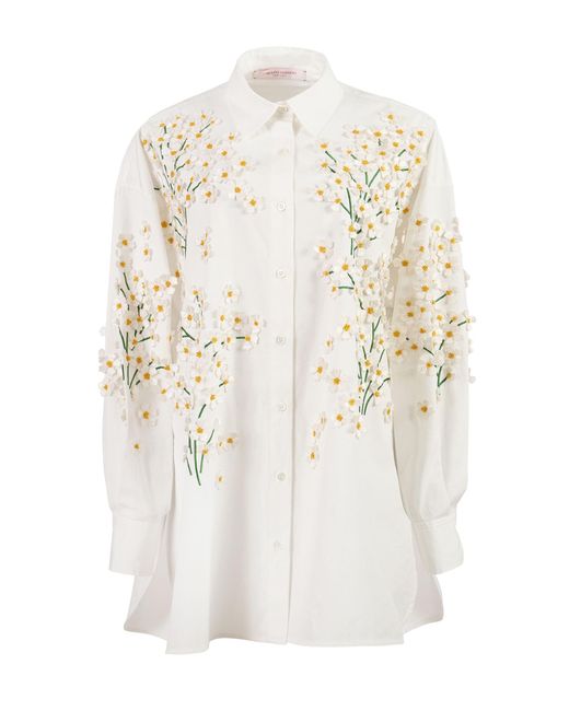 Carolina Herrera Natural Embroidered Stretch Cotton Shirting Top