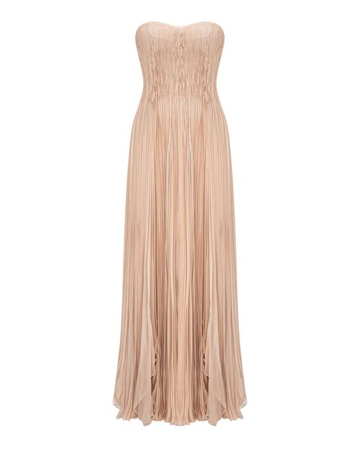 Marmar Halim Natural Shirred Chiffon Strapless Maxi Dress