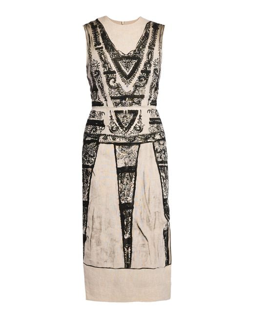 Erdem Natural Printed Linen Pencil Midi Dress