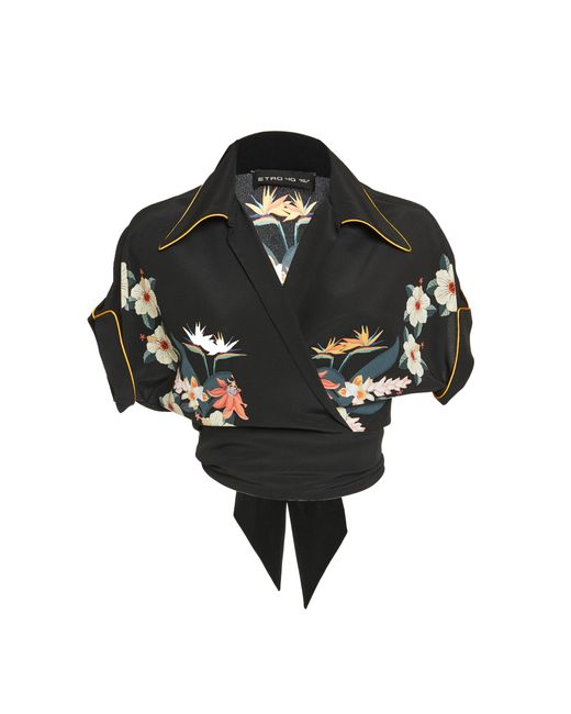 Etro Black Tropical-print Silk Wrap Shirt