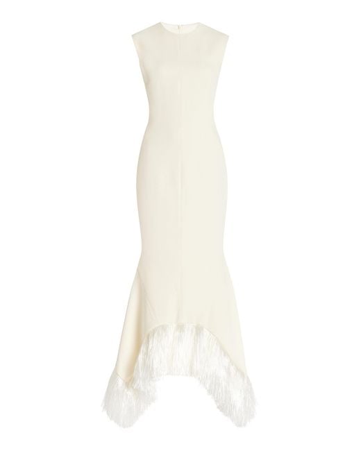 David Koma White Raffia Fringe And Flounce Hem Midi Dress