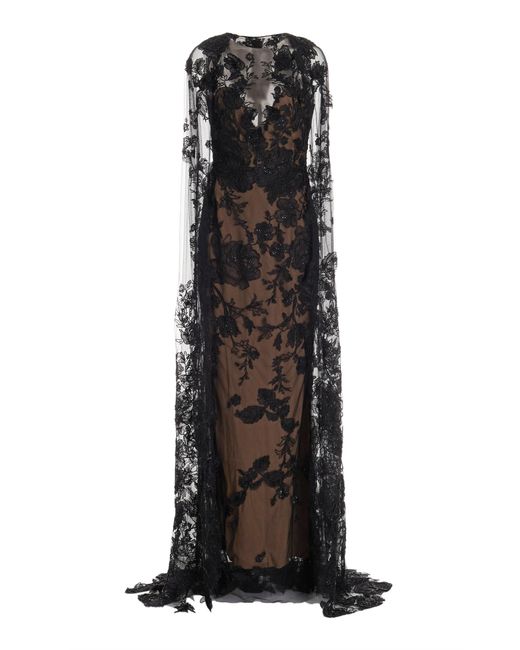 Marchesa Beaded Floral Lace Cape Gown in Black | Lyst
