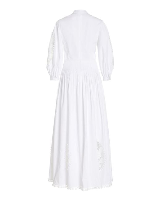 Oscar de la Renta White Embroidered Pleated Cotton Poplin Maxi Dress