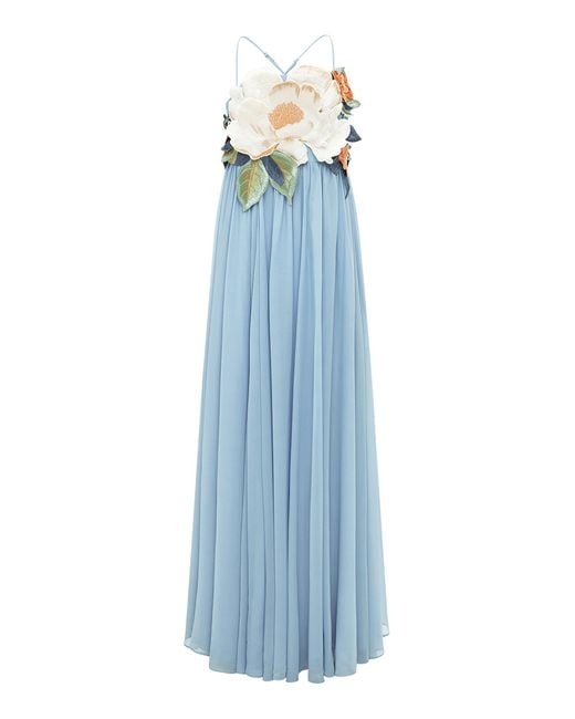 LEO LIN Agnes Floral-appliqud Georgette Maxi Dress in Blue | Lyst