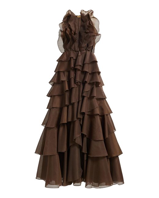 Aje. Brown Cleo Ruffled Organza Gown