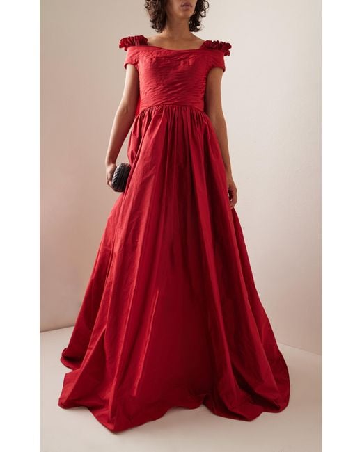 Elie Saab Red Off-the-shoulder Cape-effect Pleated Taffeta Gown