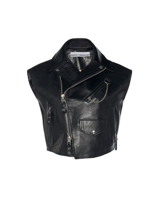 Paco Rabanne Cropped Sleeveless Leather Jacket in Black
