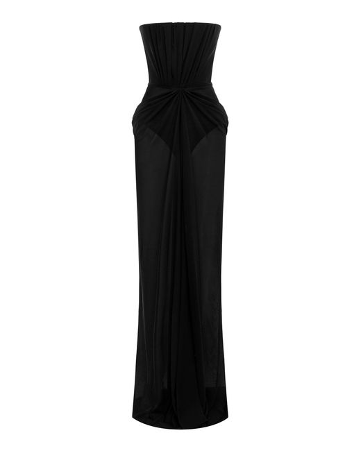 Alex Perry Black Strapless Draped Powermesh Column Gown