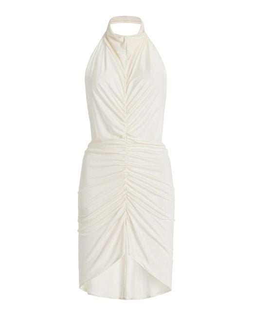 Atlein White Ruched Jersey Halter Mini Dress