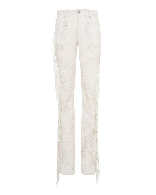 Ralph Lauren White Annabeth Fringed Suede Straight-Leg Pants