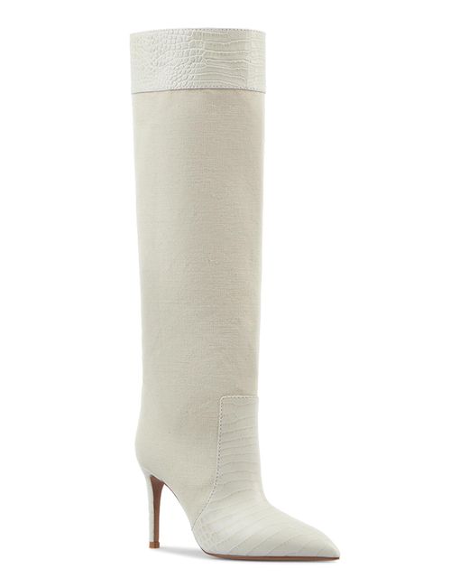 Paris Texas White Stiletto Leather-trimmed Canvas Knee Boots
