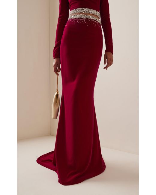 Long red cheap velvet skirt