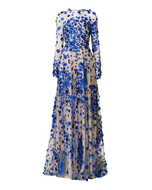 Naeem Khan Blue Beaded Floral Long Sleeve Gown