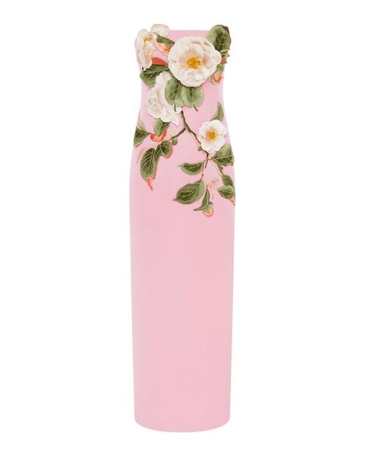 LEO LIN Pink Rayna Appliquéd Camelia-Print Bustier Maxi Dress